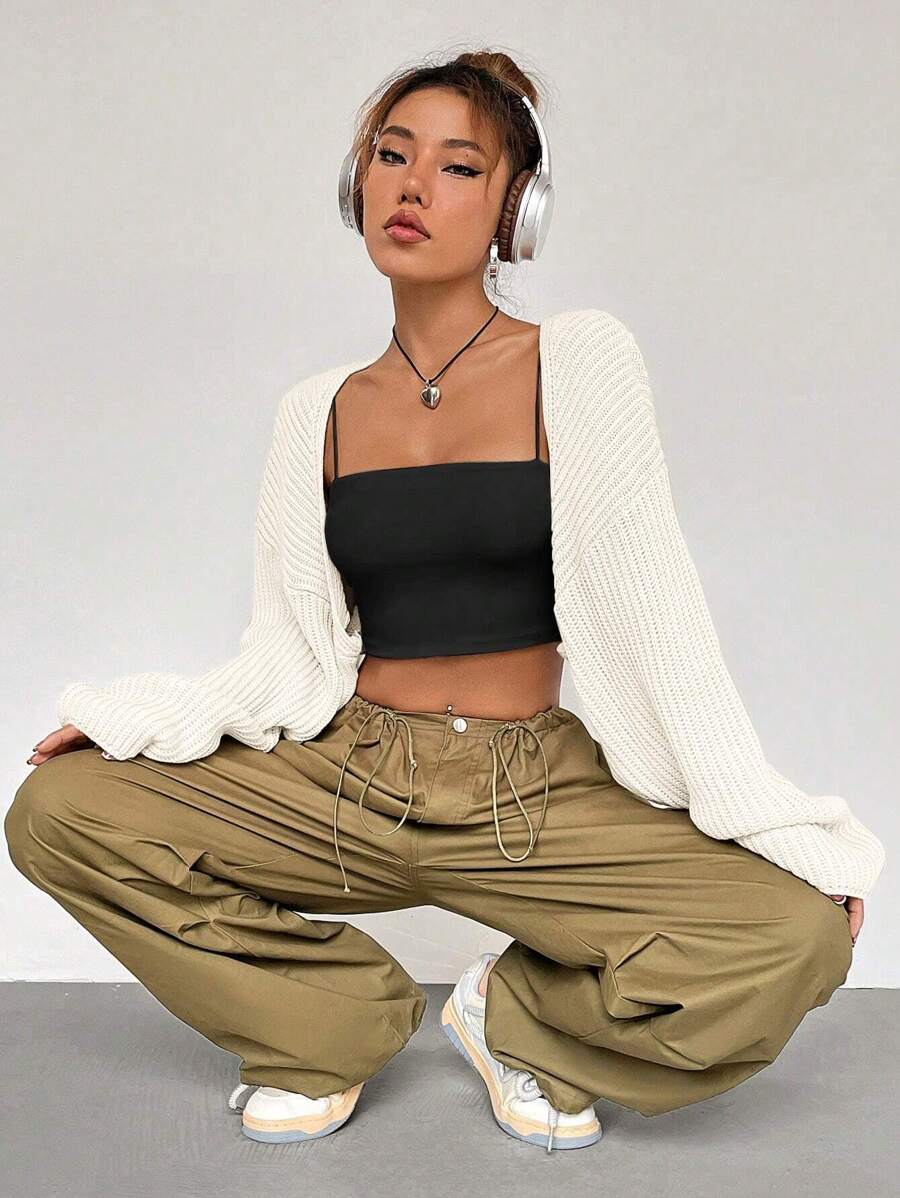 Flirla 素色開門襟落肩袖短款開衫 - 米色 - 查看 1