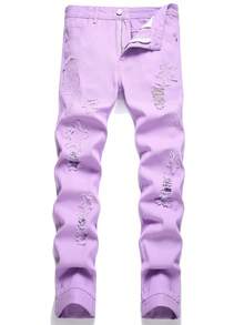 Hombres Jeans ajustados desgarro crudo - Morado - Ver 1