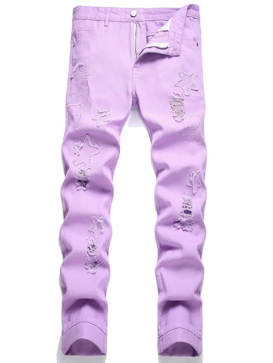 Hombres Jeans ajustados desgarro crudo - Morado - Ver 1