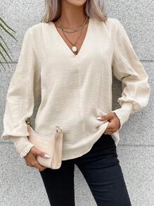 SHEIN LUNE Solid V Neck Lantern Sleeve Blouse - Apricot - View 6