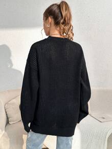 SHEIN Unity 素色落肩袖網眼針織套頭毛衣 - 黑色 - 查看 2