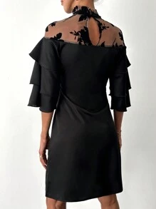 EURMUSE Contrast Mesh Tie Neck Ruffle Trim Dress - Black - View 2