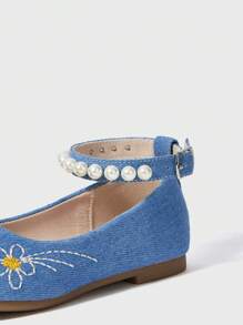 Fashionable Country Style Embroidered Denim Children's Flat Shoes With Pearls For Autumn