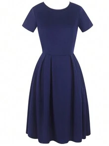 Solid Pleated Hem Dress - Navy Blue - View 2