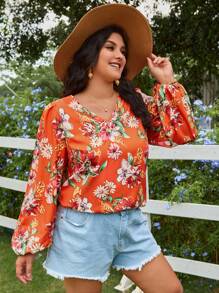 SHEIN VCAY Cộng với áo sơ mi tay đèn lồng in hoa - Nhiều màu - Xem 1