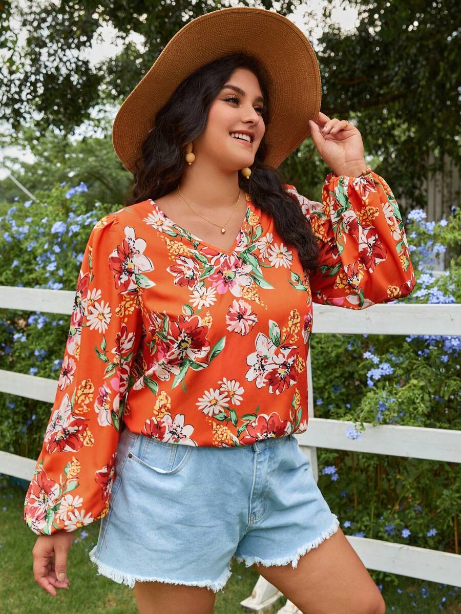 SHEIN VCAY Cộng với áo sơ mi tay đèn lồng in hoa - Nhiều màu - Xem 1