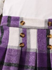 SHEIN Young Girl Solid Tee & Plaid Print Pleated Skirt - Mauve Purple - View 3