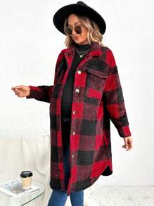 SHEIN Maternity Buffalo Plaid Pattern Drop Shoulder Flap Detail Teddy Coat, For Winter - Red - View 5