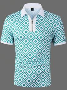 Manfinity Mode Men Geo Print Quarter Zip Polo Shirt - Green - View 4