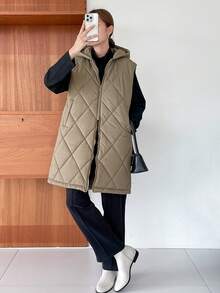 DAZY Zip Up Hooded Vest Quilted Thick Pockets Coat - Green - View 5