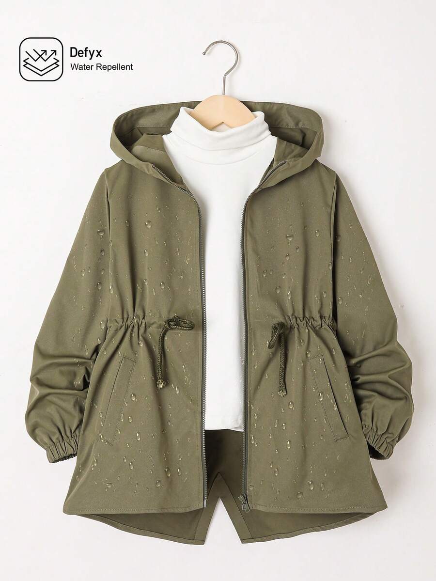 SHEIN Cô gái Tween Eo dây rút Áo trùm đầu Không có áo len - xanh quân đội - Xem 1