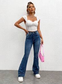 SHEIN EZwear 水鑽和刺繡細節牛仔喇叭褲