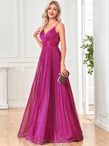 Women's High Waist Pleated Metallic Strap Maxi Party Dress, Elegant For Party, Wedding, Banquet Wedding Guest Dress Formal Dress Evening Dress,Gown - Màu Hồng Tươi - Xem 4