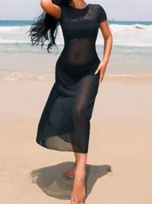 Swim Vcay 純色透明網紗罩衫洋裝（不含比基尼） - 黑色 - 查看 5