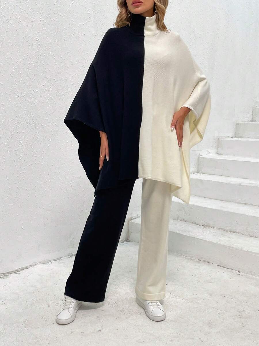 Two Tone Batwing Sleeve Sweater & Knit Pants - Black and White - View 1