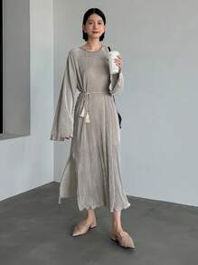 FRIFUL 纯色开叉大腿束带连衣裙，秋季连衣裙 - 灰色 - 查看 6