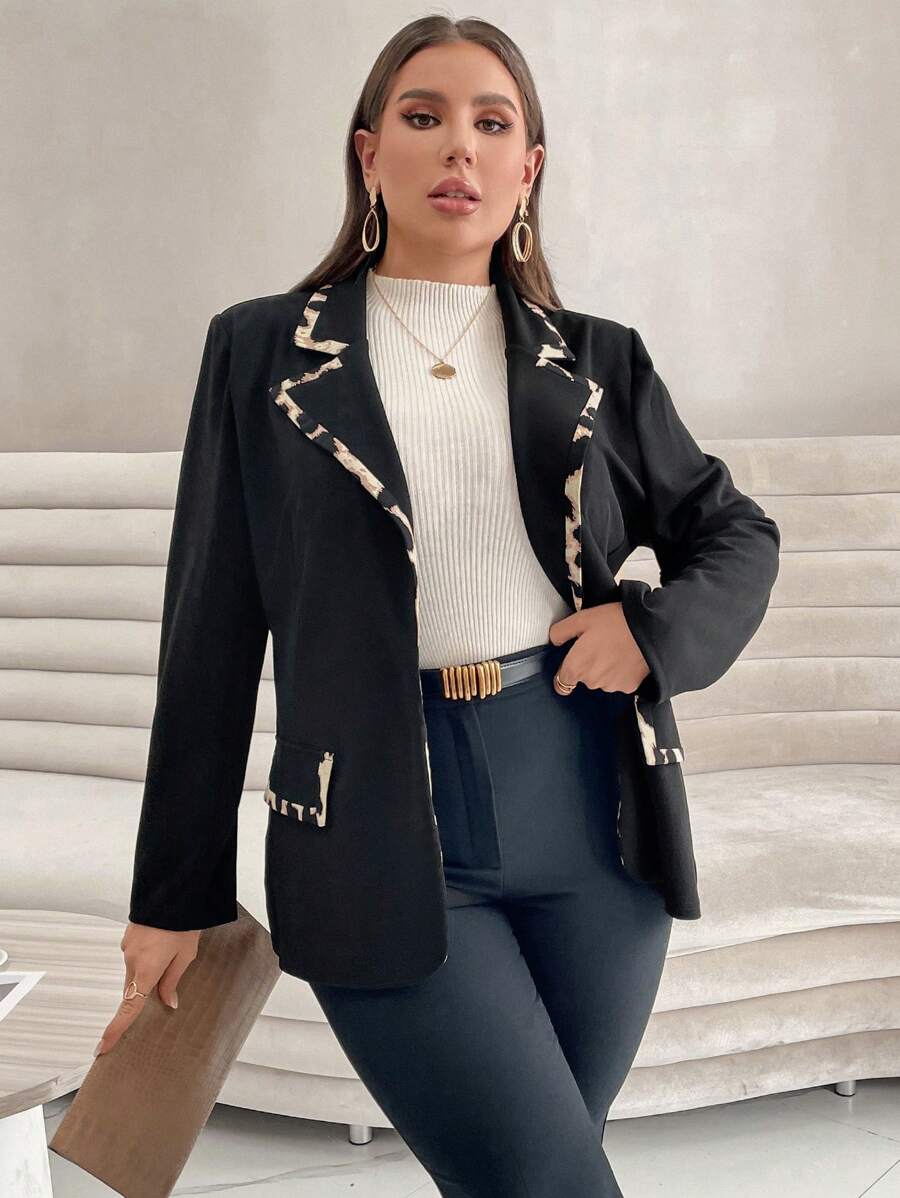 SHEIN Privé 對比色飾邊開襟西裝外套 - 黑色 - 查看 1