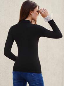 SHEIN Frenchy Mock Neck Contrast Lace Flare Sleeve Tee Casual Black - Black - View 3