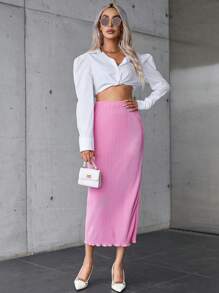 SHEIN Privé Solid Lettuce Trim Pencil Skirt - Pink - View 6