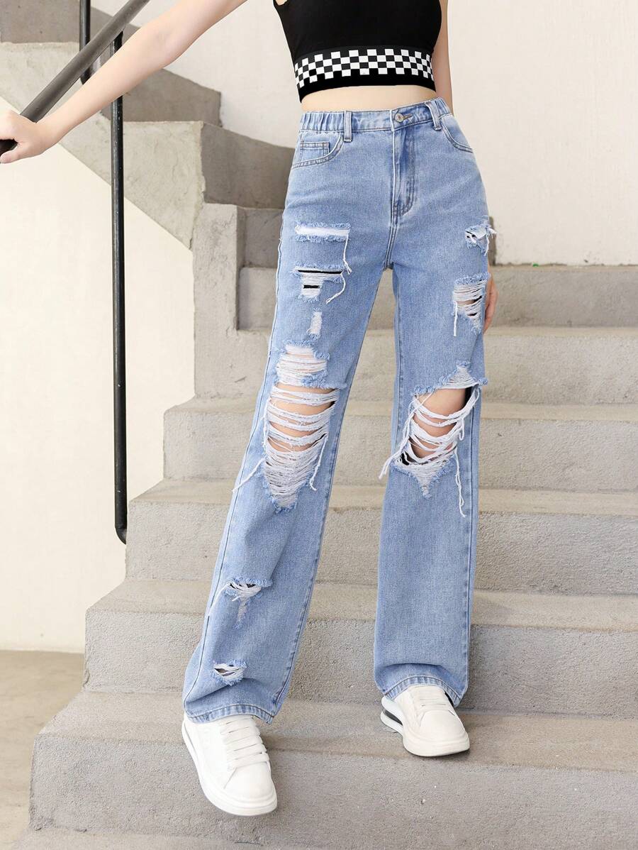 New Style Simple And Versatile Teen Girls' Jeans, Washed Denim Straight