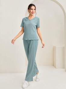 Mulvari Solid Ribbed Knit Top & Pants - Grey - View 4