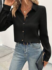 SHEIN Clasi Solid Button Front Shirt - Black - View 5