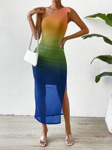 SHEIN Privé 漸層單肩高衩洋裝 - 彩色 - 查看 6