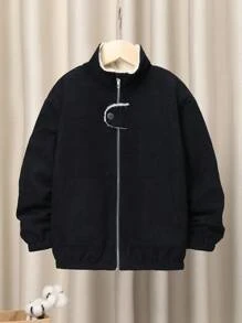 SHEIN Tween Boy Zipper Placket Teddy Lined Jacket - Black - View 2
