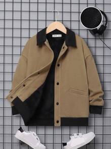 SHEIN Tween Boy 1pc Contrast Collar Drop Shoulder Thermal Lined Button Front Overcoat - Brown - View 1