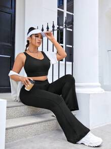 SHEIN Sports 大碼素色喇叭運動褲 - 黑色 - 查看 5