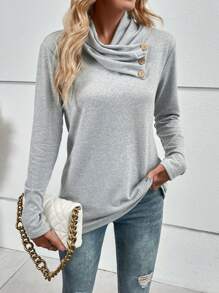 SHEIN LUNE Camiseta de cuello desbocado con diseño de botón - Gris Claro - Ver 1