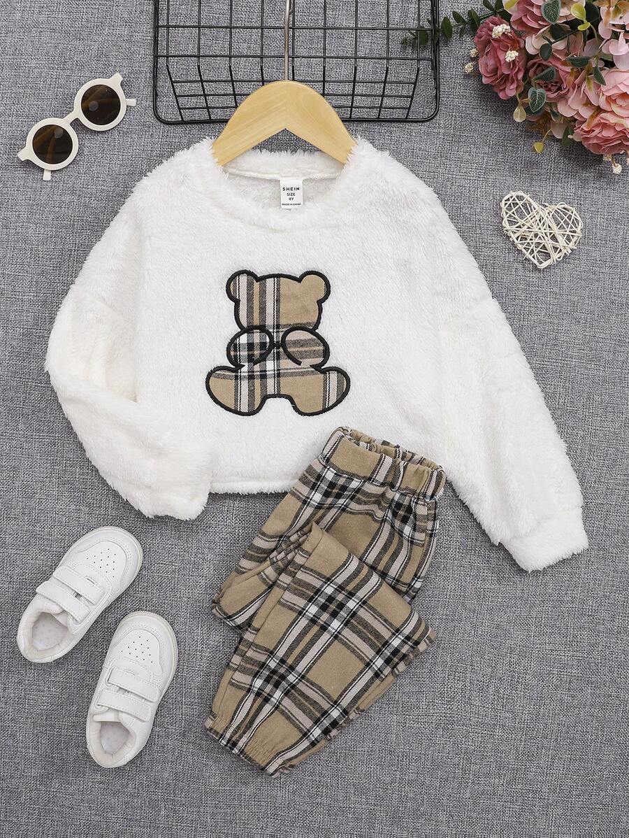 SHEIN Young Girl Casual Fleece Round Neck Sweatshirt And Grid Pattern Elastic Cuff Long Pants - Multicolor - View 1