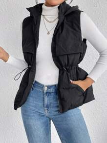 SHEIN Frenchy Drawstring Waist Zipper Hooded Vest Padded Coat - Black - View 1