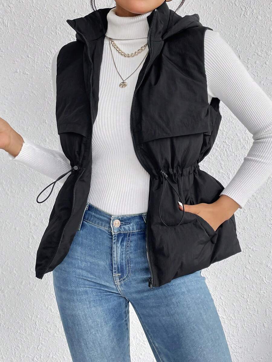 SHEIN Frenchy Drawstring Waist Zipper Hooded Vest Padded Coat - Black - View 1