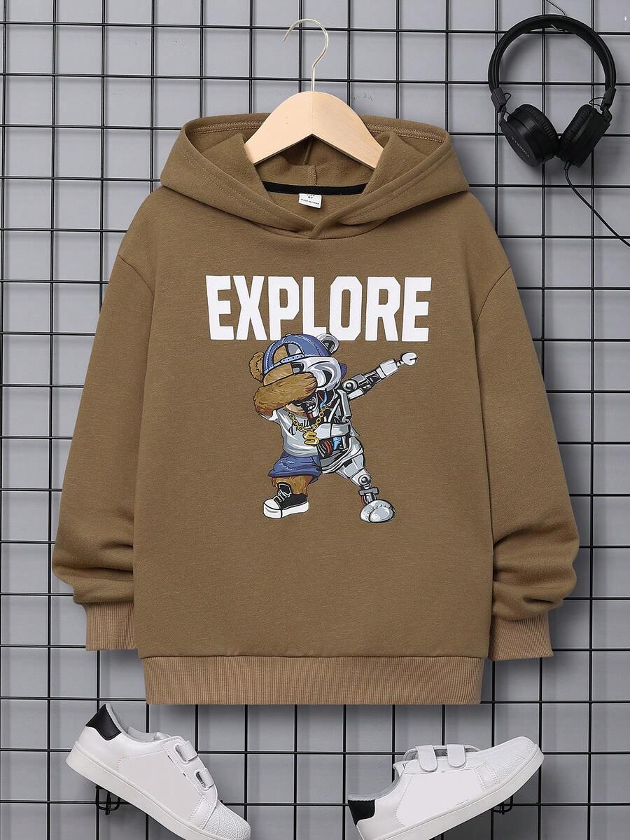 SHEIN Tween Boy Letter & Cartoon Graphic Sweatshirt - Khaki - View 1
