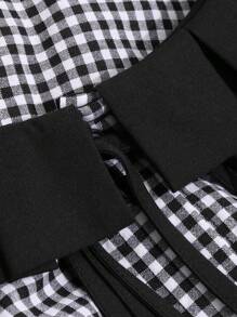 FRIFUL Gingham Print Ruffle Trim Tie Neck Lantern Sleeve Blouse - Black and White - View 3