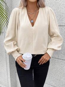 SHEIN LUNE Solid V Neck Lantern Sleeve Blouse - Apricot - View 3