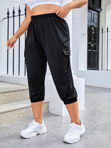 SHEIN Daily&Casual Plus Flap Pocket Side Elastic Waist Sports Pants - Black - View 1