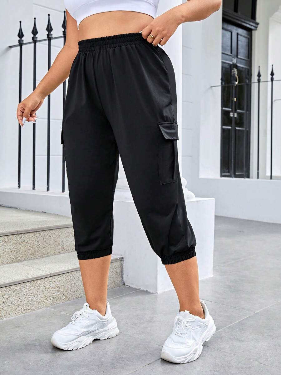 SHEIN Daily&Casual Plus Flap Pocket Side Elastic Waist Sports Pants - Black - View 1