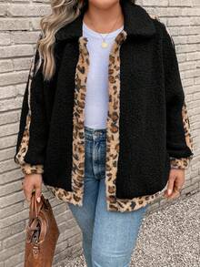SHEIN LUNE Plus Leopard Pattern Teddy Coat - Black - View 6