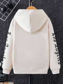SHEIN Áo nỉ có túi kangaroo, in chữ, dành cho bé trai tuổi teen. - Màu be - Xem 2