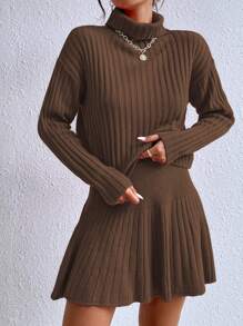 SHEIN Privé Áo cao cổ Thả vai Sweater & Knit Skirt - Màu nâu Sô-cô-la - Xem 1