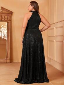 Plus Halter Neck Sequin Formal Dress - Black - View 3