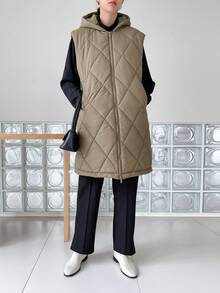 DAZY Zip Up Hooded Vest Quilted Thick Pockets Coat - Green - View 4