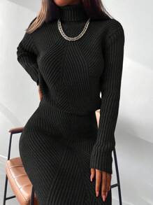 EURMUSE Turtleneck Ribbed Knit Sweater & Knit Skirt - Black - View 5