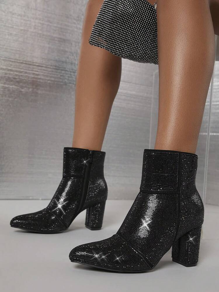 Bestseller Women's Bling Rhinestone Black Chunky Heel Short Point-Toe Boots:Tayler Swit Inspired,Eye-Catching Luxury,Mysterious Elegance
