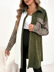 SHEIN 孕婦豹紋拼色落肩帶蓋口袋燈芯絨外套 - 彩色 - 查看 5