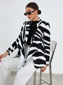 SHEIN Privé Allover Print Knot Front Blazer - Black and White - View 4