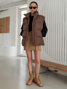DAZY 拉链斜口袋背心加厚口袋外套，冬季女式加厚外套夹克 - 咖啡棕 - 查看 7
