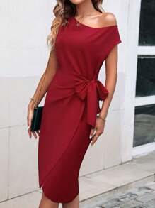 SHEIN Clasi Solid Knot Side Wrap Hem Dress - Red - View 5